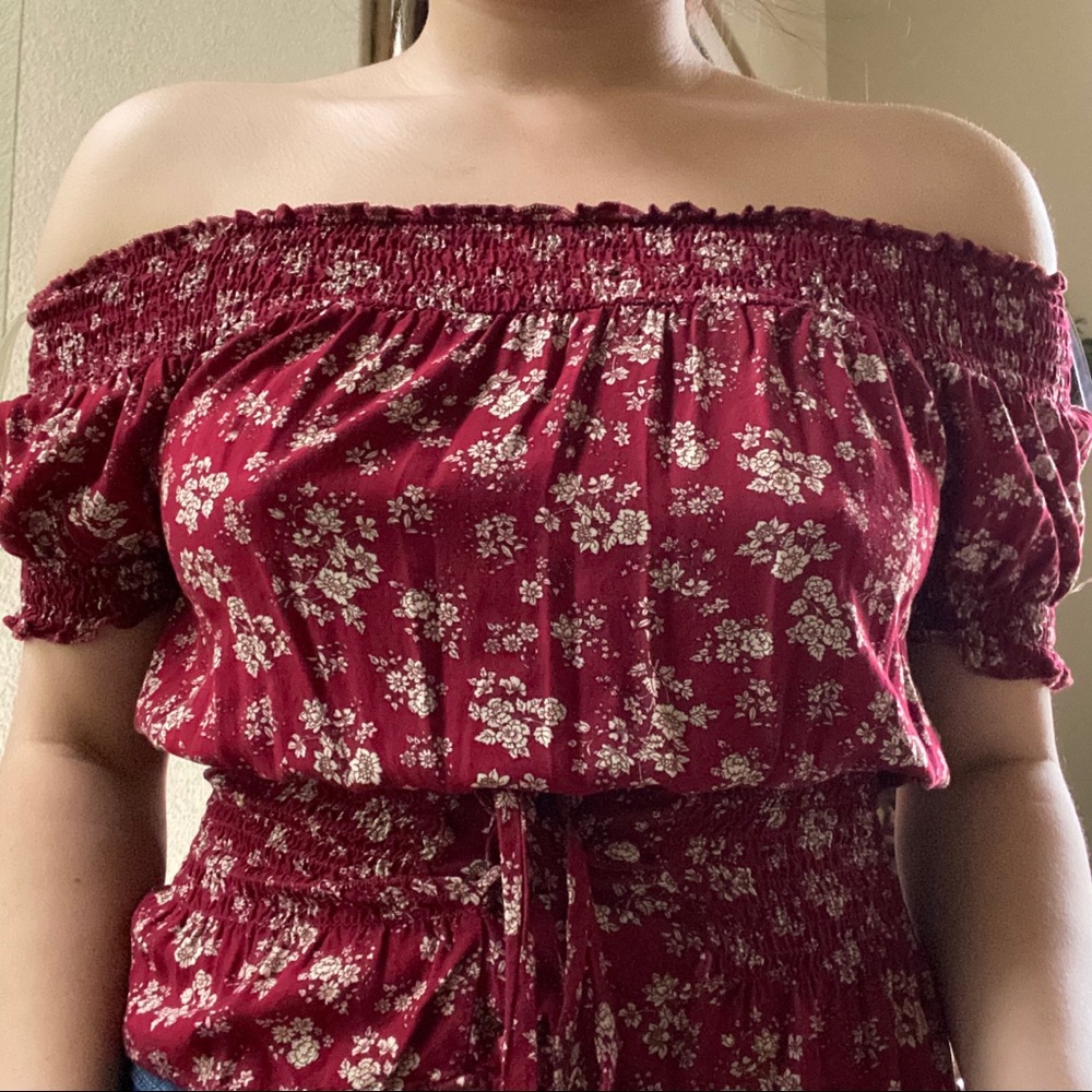 Red Flower Pattern Off the Shoulder Top